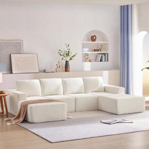 Ball & Cast 110"x72" Minimalist Modular U-Shaped Sectional Sofa with 2 Ottomans,Chenille Cloud Floor Couch with Compressed Upholstery,No Assembly Required,for Living Room,Apartment,Beige