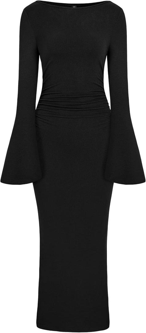 PRETTYGARDEN Maxi Dresses for Women Elegant Classy Spring Fall Long Bell Sleeve Ruched Bodycon Cocktail Party Slit Dress (Large, Black)