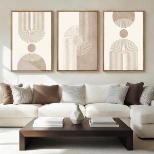 BINCUE Beige Neutral Canvas Wall Art Framed Geometric Abstract Wall Decor Mid Century Modern Artwork Wall Decor for Living Room Bedroom Office 16"x24" Set 3 Gift