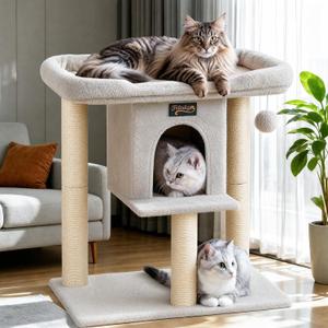 Cat Tree Tower Scratching Post for Indoor Large Adult Cats with Perch Bed
28in Tall Small Cat Trees House with Big Perch, Condo, Toy Balls, Modern Kitten Climbing Furniture Platform, Light Gray