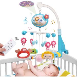 Baby Crib Mobile with Music and Light, Crib Toy with Remote Control Timming Function, Projector Rotating Hanging Rattles Toys Baby Mobile Gift Toy for 0-24 Moths Boys and Girls