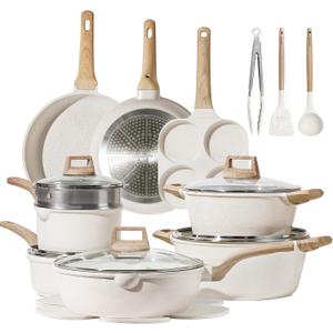 CAROTE 21Pcs Pots and Pans Set, Nonstick Cookware Sets, White Granite Induction Cookware Non Stick Cooking Set w/Frying Pans & Saucepans(PFOS, PFOA Free)