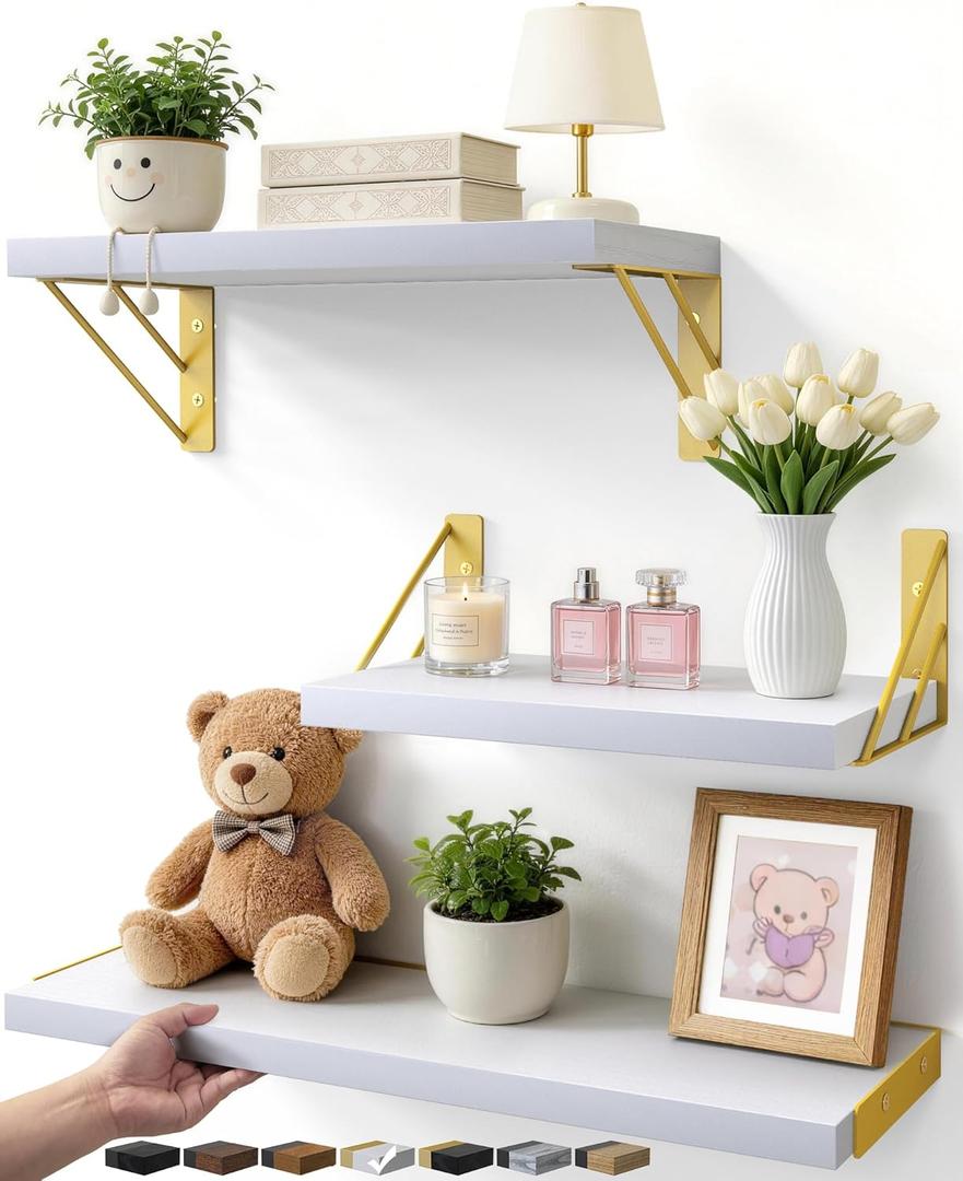 BAYKA Wall Shelves for Bedroom Decor, Floating Wall Shelves for Living Room Kitchen Storage, Wall Mounted Rustic Wood Shelves for Kids Books,Corner Shelves for Bathroom(White and GoldSet of 3) (16-inch Mixed)