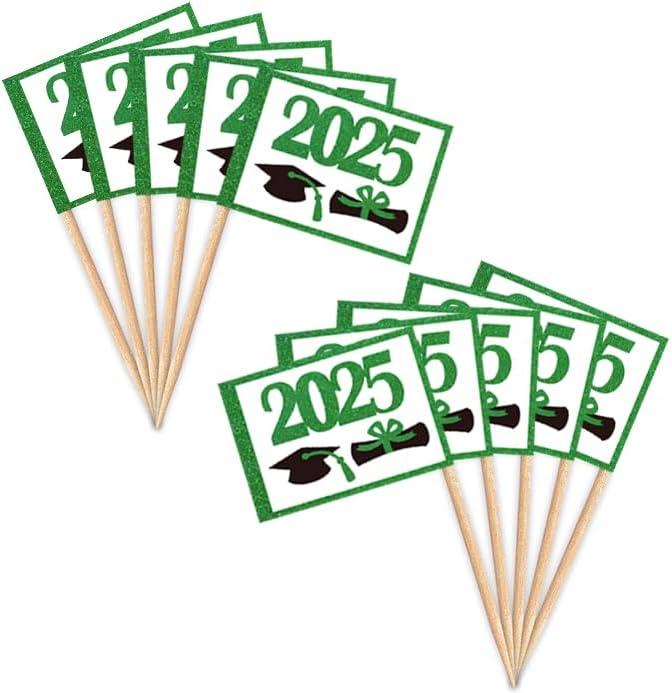 2 x ZXvZYT 2025 Graduation Cupcake Toppers Small Mini 2025 Graduation Cap Toothpick Stick Flags - Diploma Grad Theme Party Cake Cocktail Fruit Decoration(Green 100 Pcs)