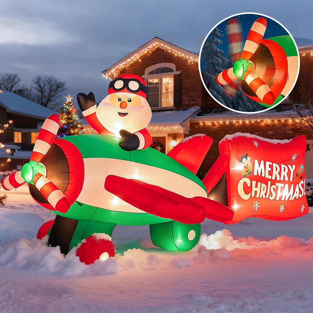 10.5 FT Animated Christmas Inflatables Santa Claus on Airplane, Santa Claus on Helicopter with Merry Christmas Banner, Xmas Blow Ups Outdoor Decorations for Yard Garden Lawn Holiday Home Party Decor
