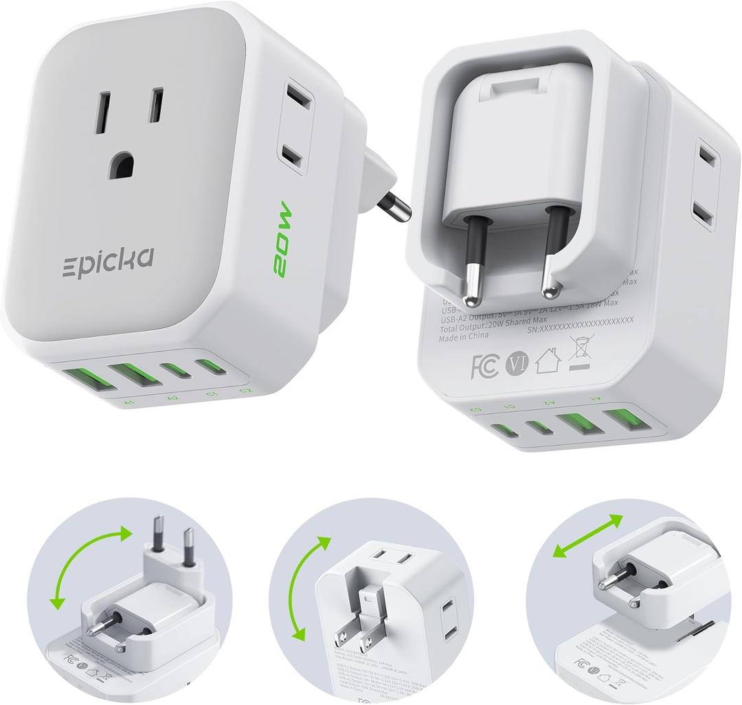 EPICKA Hybrid European Travel Plug Adapter,2-Pack Foldable Detachable Type C (EU) VisaPlug, 8-in-1 International Power Adapter with 4 USB Ports (2 USB-C PD 20W), US to Europe