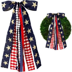 2 x Large Patriotic Ribbon Bow, 4th of July Red White and Blue Bows Clip-On Star Sash Patriotic Wreaths for Front Door Indoor Outdoor Memorial Day Decoration
