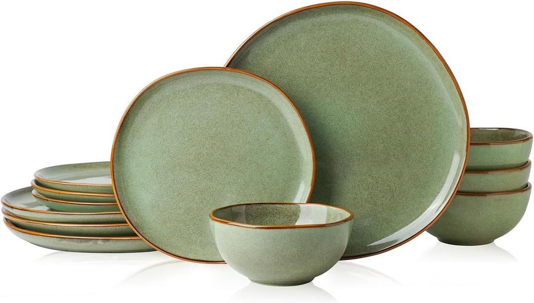 Stoneware Dinnerware Sets for 4, Reactive Glaze Plates and Bowls, Green