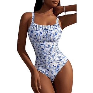 Milumia Women's One Piece Swimsuit Square Neck Ruched Bust Printed Monokini Bathing Suit Blue and White Large