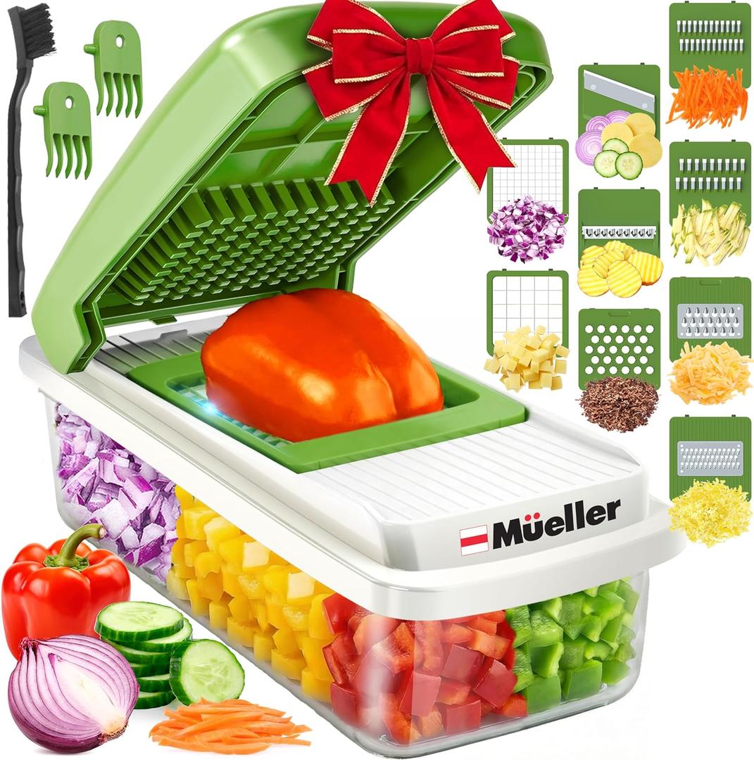 Mueller Vegetable Chopper 9 Blade, Mandoline Slicer, Food Veggie Chopper, Cheese Grater, Onion Vegetable Cutter with Container, Dicer, Kitchen Gadgets & Essentials, White Sand/Green