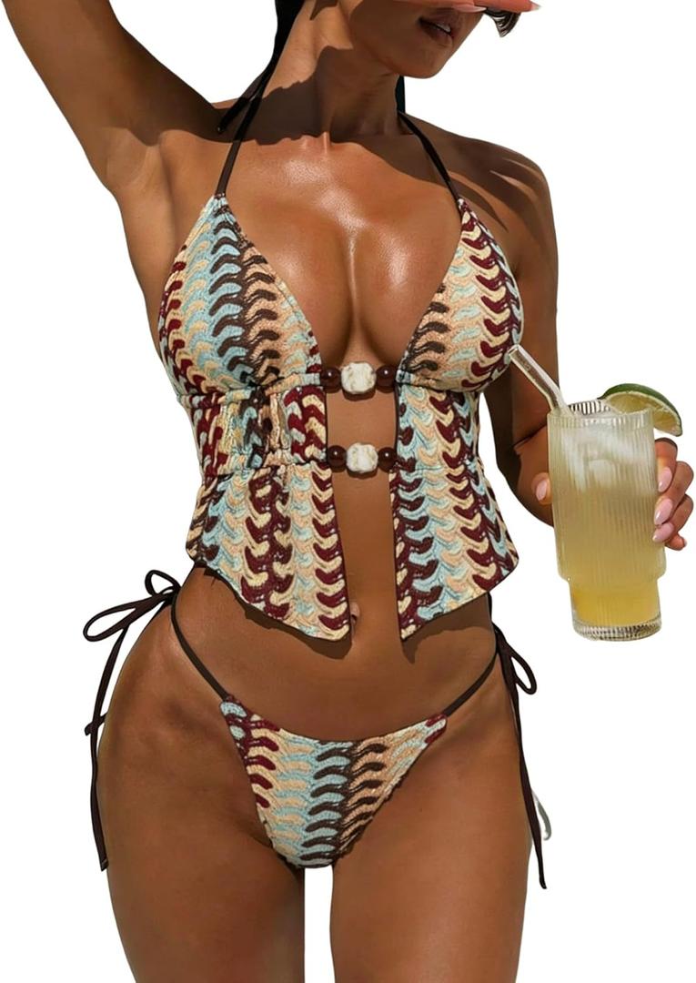 ZAFUL Halter Swimsuits for Women Textured Backless 2 Piece Bathing Suits Cheeky High Cut String Tie Side Bikini Sets (Small, 2-mix Color)