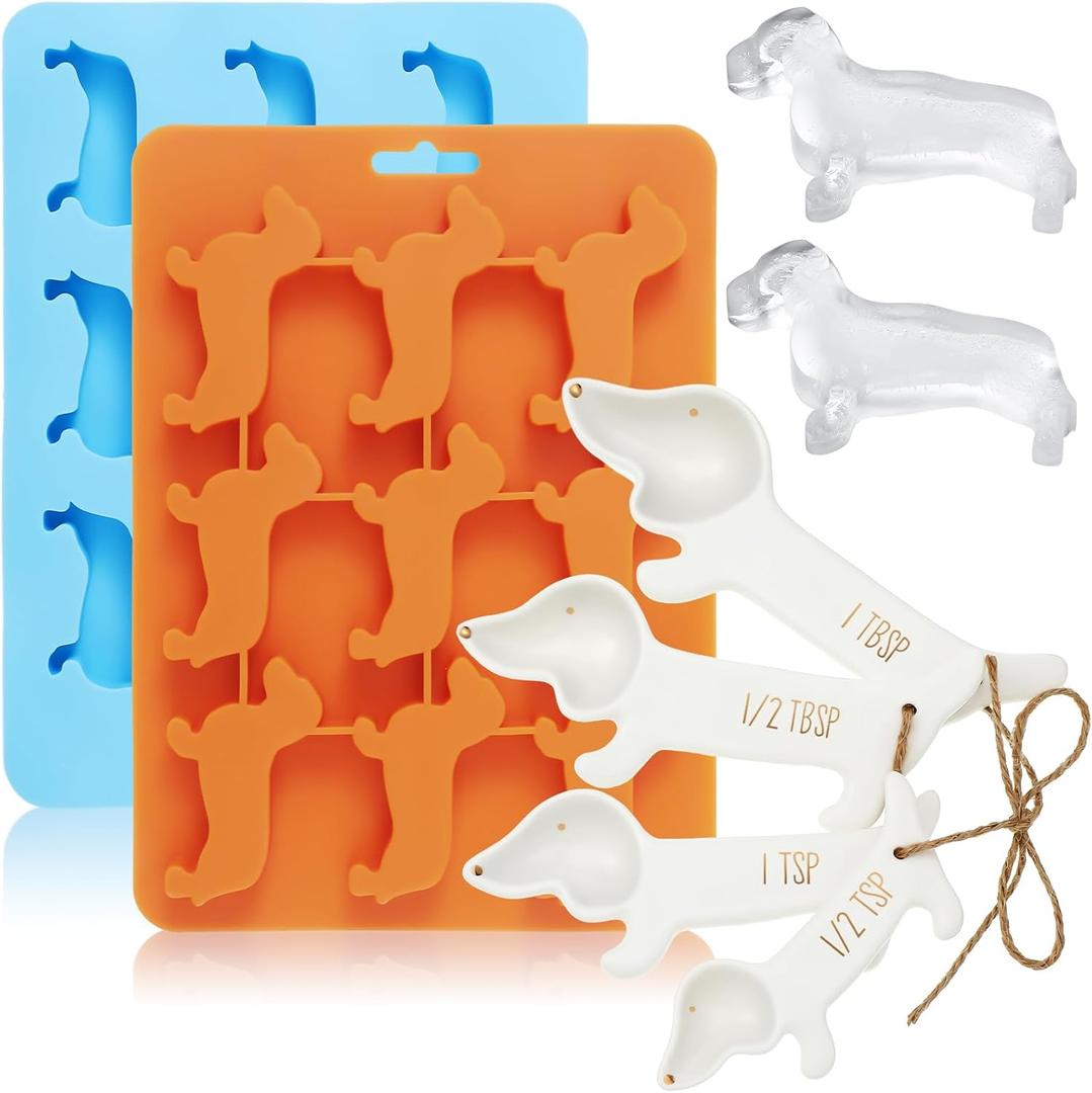 Roshtia 6 Pcs Christmas Dachshund Gifts Set Includes 2 Dachshund Shaped Silicone Ice Cube Molds 4 Ceramic Measuring Spoons Cute Kitchen Accessories for Christmas Birthday Party Gifts