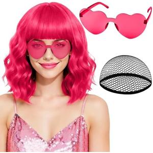 PLULON Hot Pink Wavy Bob Wig with Bangs Heart Sunglasses for Women, Colored Neon Funny Curly Bob Wigs with Hair Cap Synthetic Hair for Music Festival Clubs Carnival Bachelorette Cosplay Costume Party