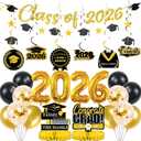 Graduation Decorations Class 2026 Grad - 26 Pcs Black Gold Graduations Caps Banners Balloons Table Honeycomb Centerpieces Haing Swirls Party Supplies for Senior High School College Congrats Decor