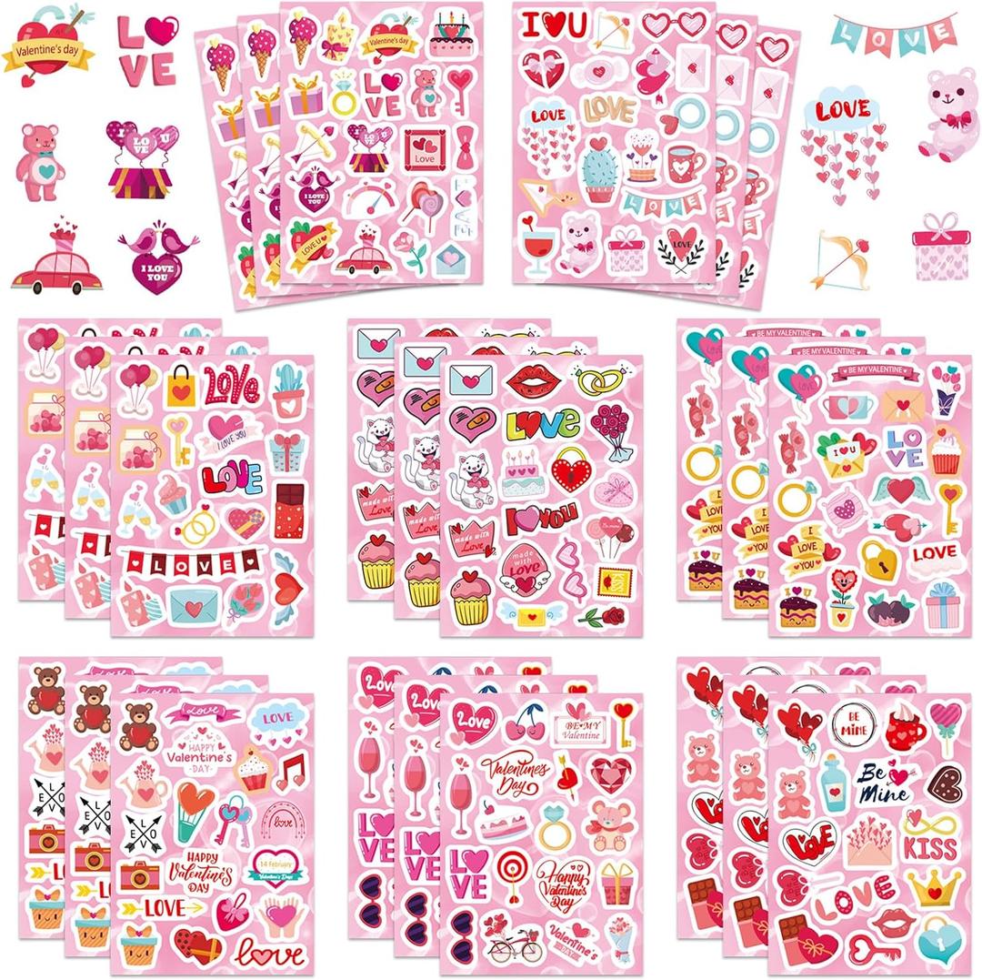 24 Sheets Valentine Stickers for Kids - 8 Diverse Valentines Love Stickers Designs - Valentine's Day Party Favors Crafts Gifts & Decorations Activities Supplies