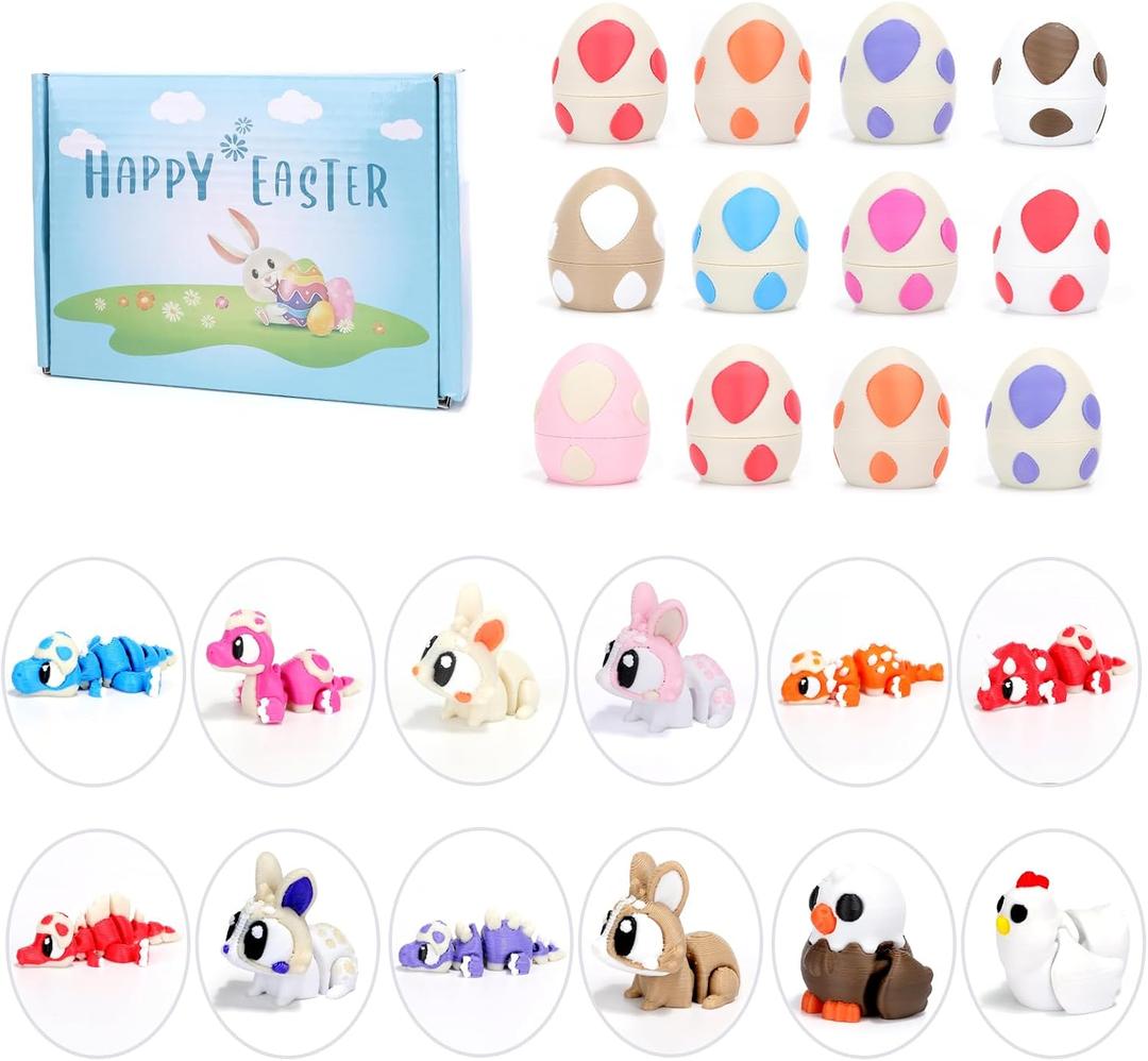 3 x 3D Printed Easter Eggs and Animals Gift Unique Easter Basket Fillers for Toddlers & Kids | Holiday Party Favors and Home Decor (12pcs)