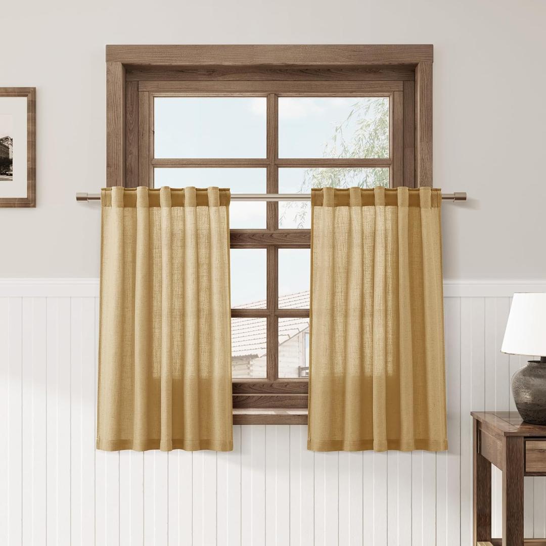 Gold Yellow French Country Kitchen Tier Curtains 24 Inch Length Linen Blend Privacy Light Filtering Short Curtains with Rod Pocket Back Tab for Over Sink Window Bathroom Neutral 2 Panels 30Wx24L