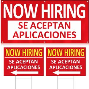 1 Pcs 2 x 4 ft Now Hiring Banner and 2 Pcs 18 x 24 Inch Now Hiring Yard Sign with Stakes Se Aceptan Aplicaciones English and Spanish Bilingual Signage Outdoor Indoor for Business and Stores