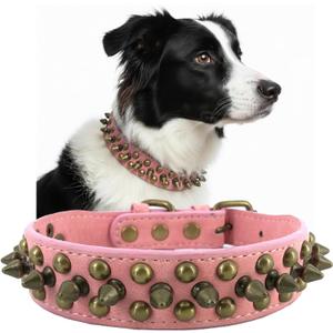 Spiked Studded Dog Collar-Bronze Round Stud Anti-Bite Collar (Pink,M) (Medium (Pack of 1))