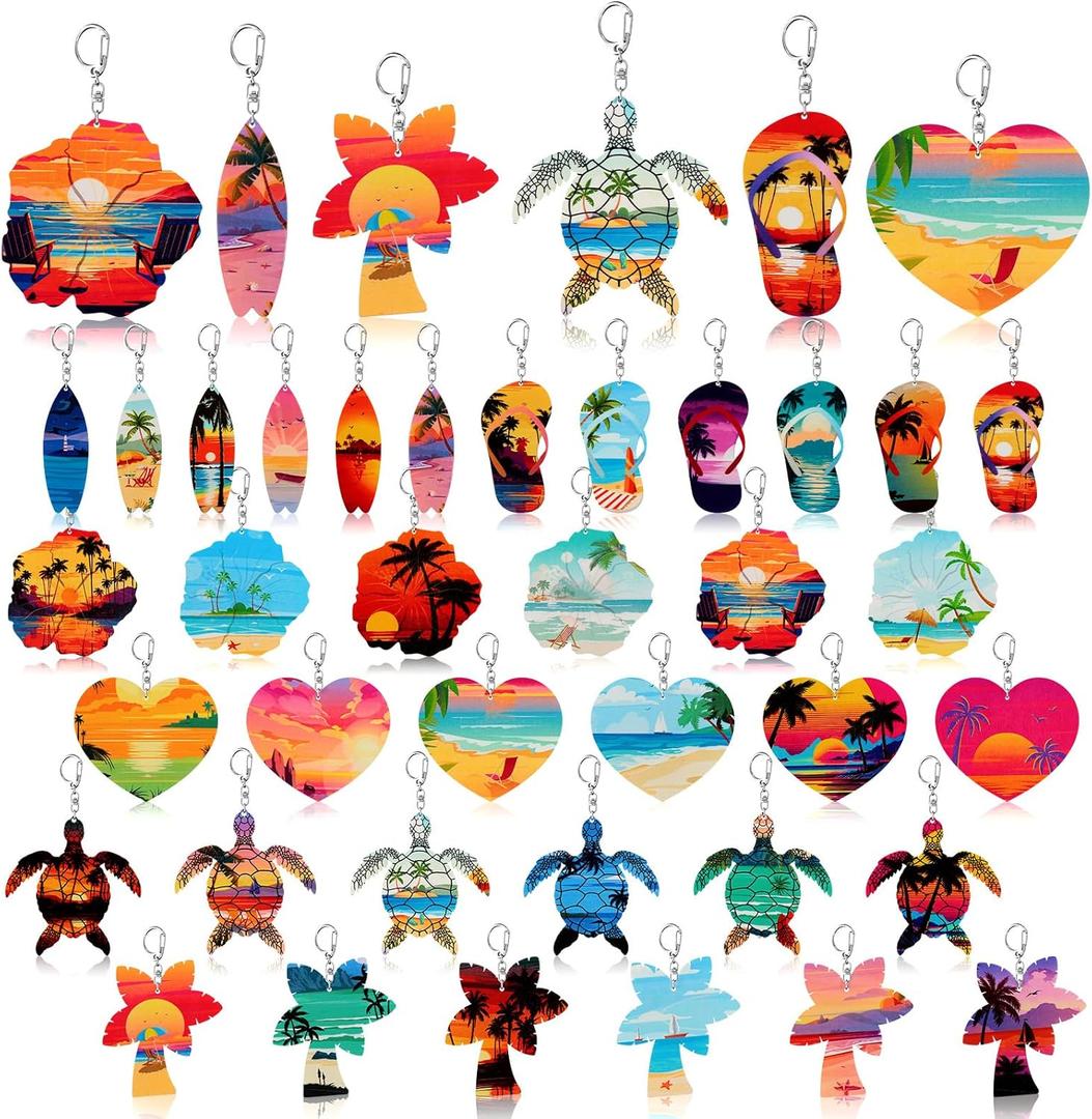 Bucherry 36 Pcs Beach Summer Party Favors Keychain Gifts Bulk Wooden Surfboard Sea Turtle Coconut Tree Christian Religious Key Ring for Hawaiian Luau Florida Bahamas Souvenirs Supplies(Cute Style)