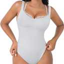 FeelinGirl V Neck Shapewear Bodysuits for Women Sleeveless Lace Body Shaper Tummy Control Thong Bodysuits for Women (Medium, White)