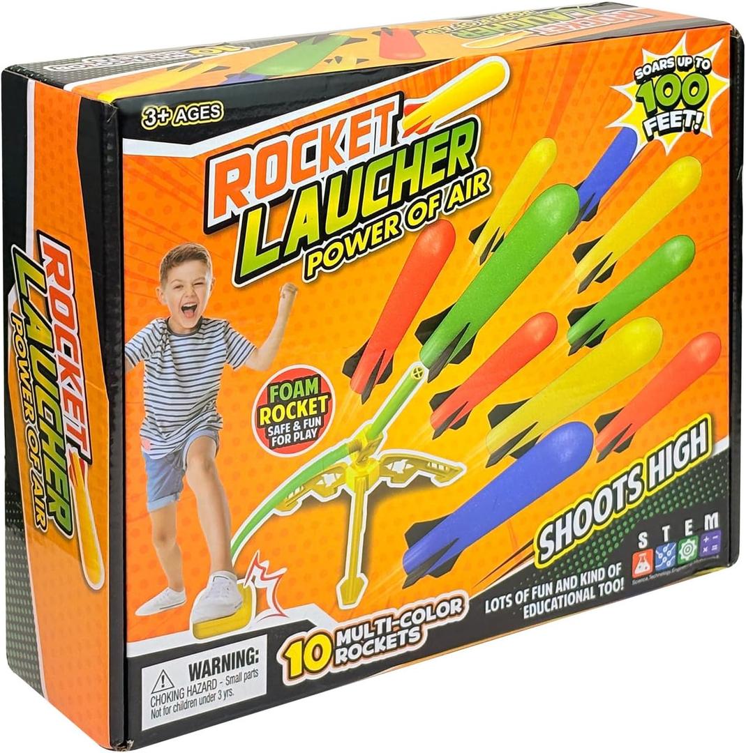 Rocket Launcher Power Air Toy Set with 10 Multi-Color Foam Rockets Launch Pad, Outdoor Activity Game