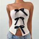 SOLY HUX Women's Y2k Bow Tube Top Strapless Sleeveless Slim Fit Bandeau Crop Tops (White, M)
