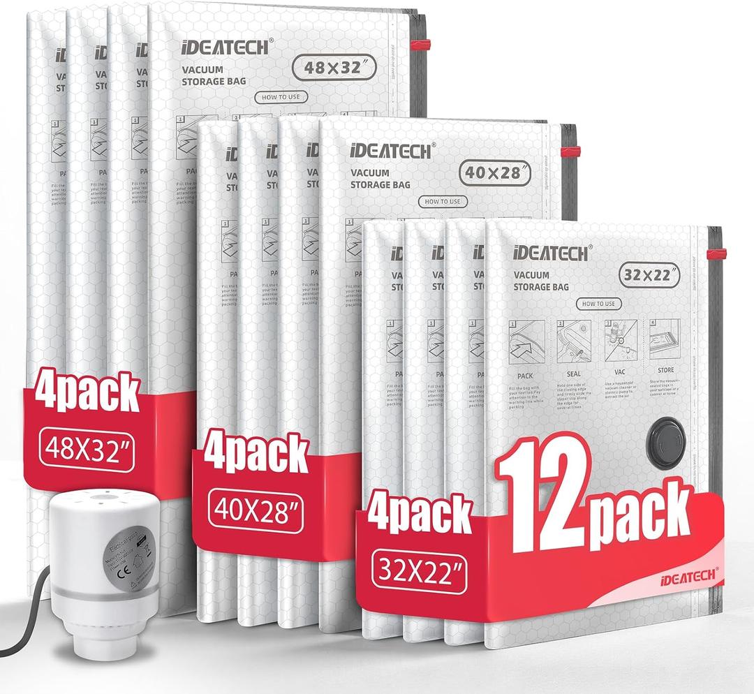 IDEATECH 12Pack Vacuum Storage Bags with Electric Pump, Jumbo Vacuum Seal Bags for Clothing, Bedding & Blankets, Heavy Duty Compression Space Saver Bags with Airtight Seal, Seasonal Storage-4M+4L+4XL