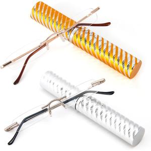 DXYXYO Mini Rimless Reading Glasses for Women Men, 2 Pack Slim Pocket Compact Metal Readers with Small Portable Case (Silver+Gold)