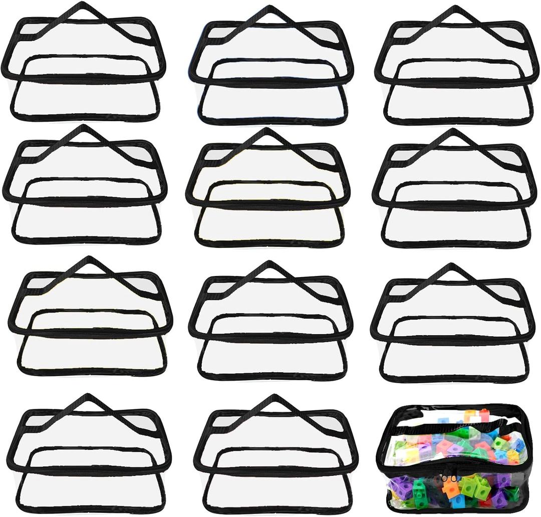 12 Packs Toy Storage Bags with Zipper PVC Waterproof Toy Bags Plastic Storage Organizer Clear Organizing Bags for Board Games Building Blocks Puzzles Small Toys Kids Books Classroom(Black)