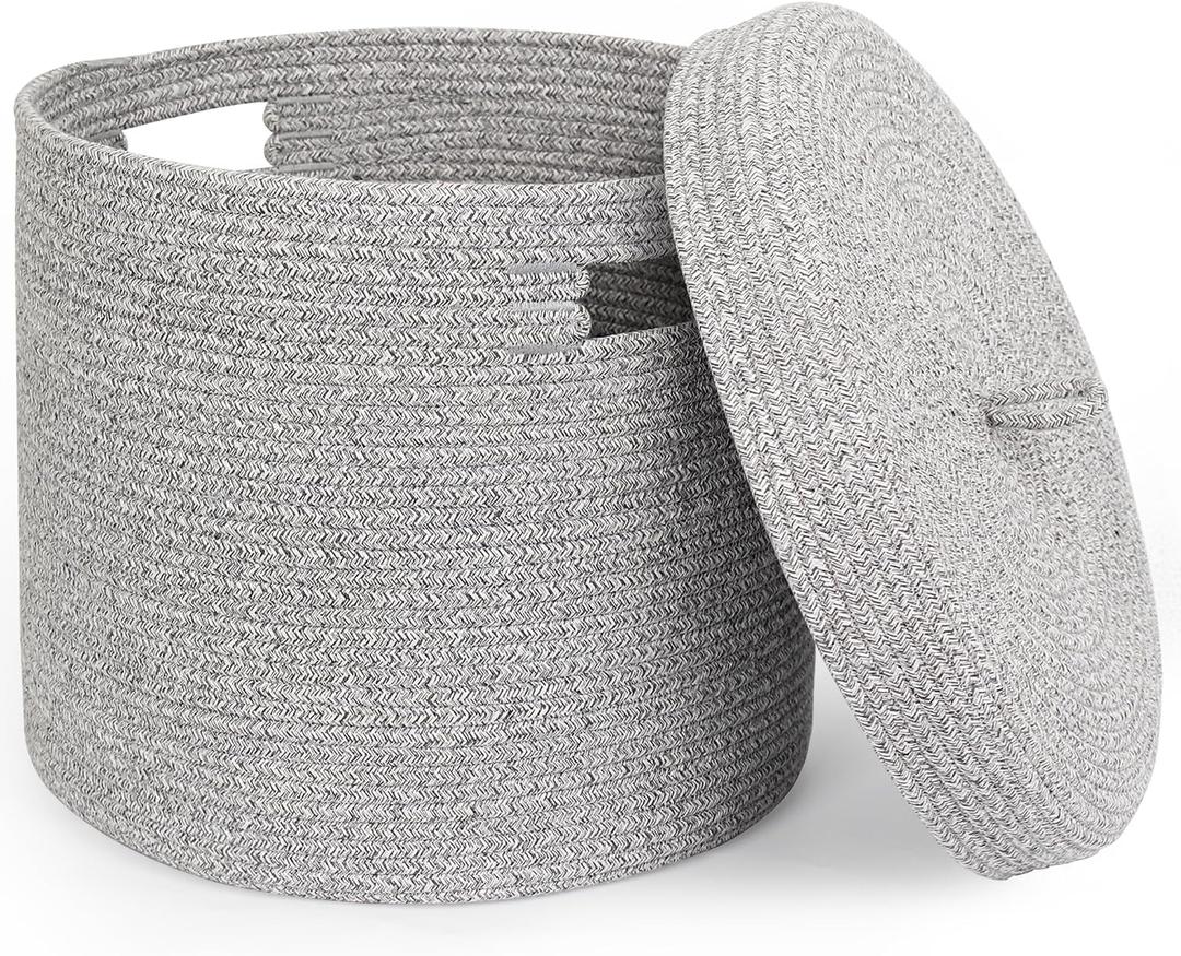 Storage Basket with Lid, Woven Blanket Storage for Living Room, Soft Cotton Rope Bin with Lid, Round Wicker Laundry Basket with Cover, Lidded Kid Dog Toy Box, Nursery Organizer, 15"x13", Gray