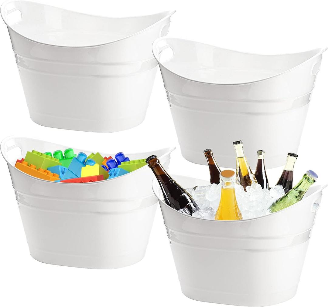 ZEAYEA 4 Pack Beverage Tub, 18L Plastic Beer Bottle Bucket with Handles, White Party Tub for Drinks, Plastic Ice Bucket for Wine Beer Bottle Cooler