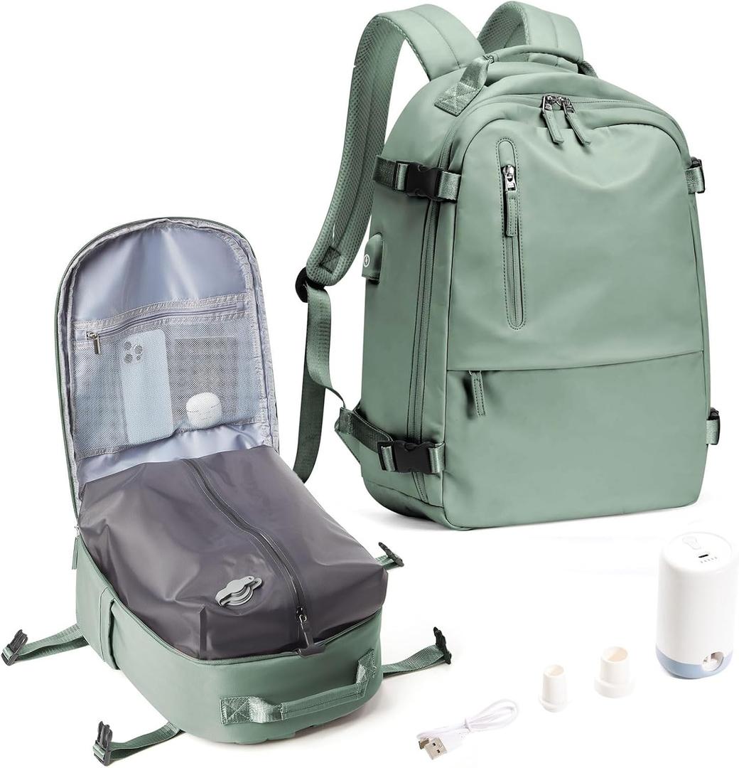 SEAFEW Large Travel Vacuum Backpack with Electric Air Pump, Carry on Backpack Flight Approved Item Bag,Casual Daypacks Cabin Bagage,Hiking Business Laptop Backpack with USB Charger, Green
