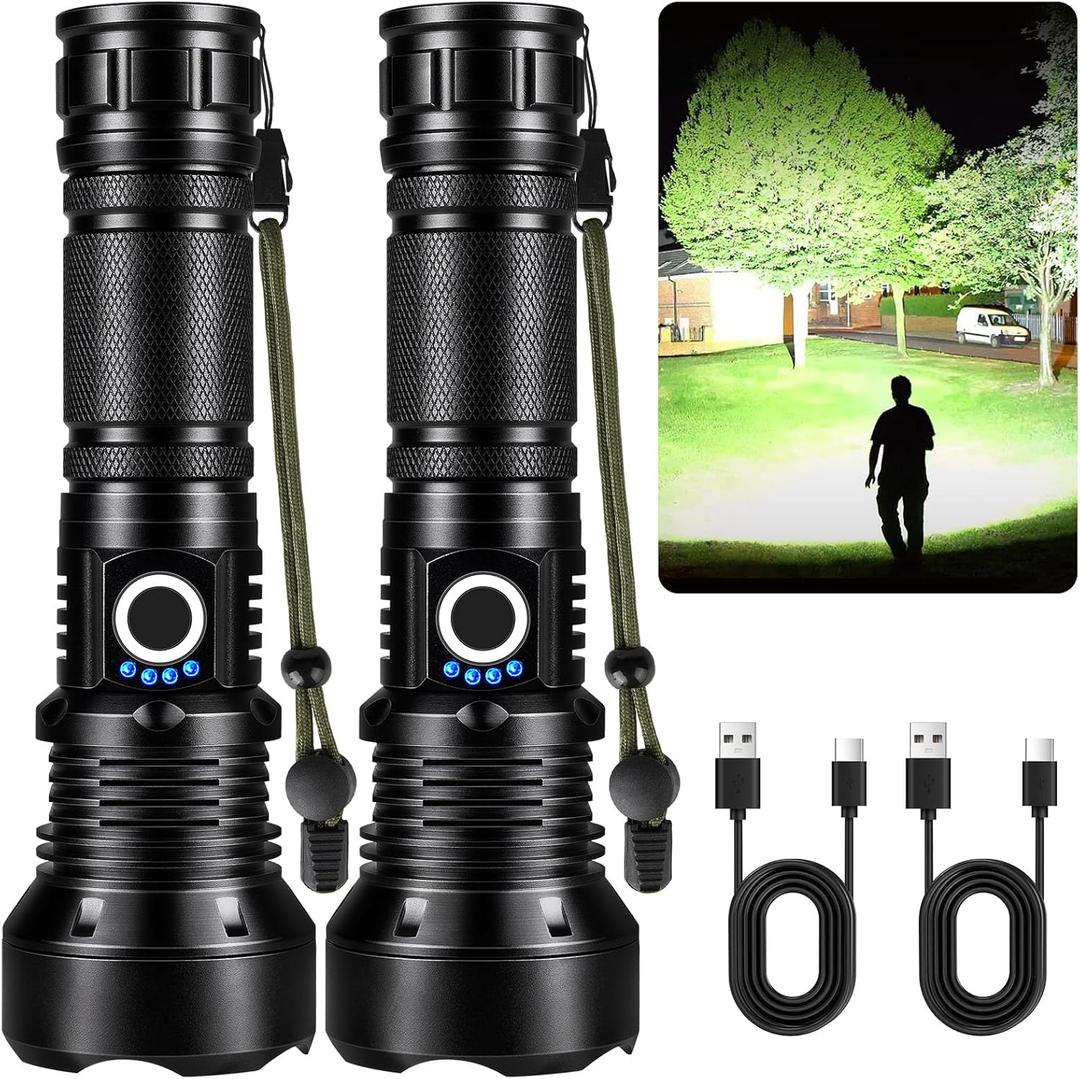KINGCAESAR Flashlights High Lumens Rechargeable, 2 Pack 90,000 Lumens Super Bright Flashlight, 5 Modes LED Flashlight, IPX7 Waterproof Powerful Flash Light for Home, Outdoor Activities