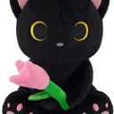 Black Cat Plush Holding Pink Tulip - 8" Kawaii Stuffed Cat with Flower, Soft Cute Plush Toy for Mom, Cute Stuffed Animals for Girls & Kitten Lovers