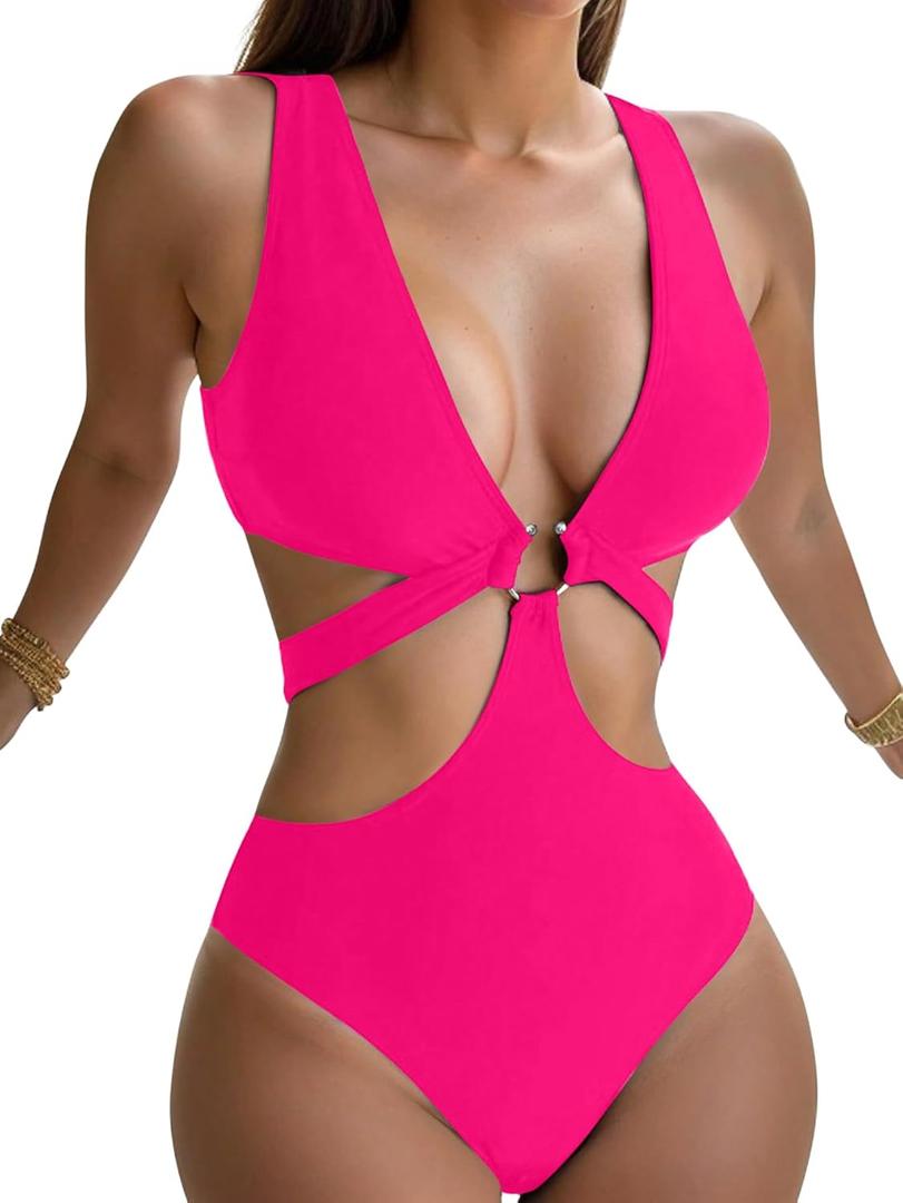 Lilosy Sexy Metal O Ring Linked Cutout Low Cut One Piece Swimsuit High Leg Brazilian Bathing Suit, Size S