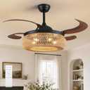 48" Retractable Boho Ceiling Fan with Lights and Remote Rustic Fandelier Bladeless Invisible Ceiling Fan Industrial Ceiling Fan for Farmhouse Living Room Ding Room Bedroom