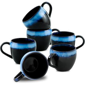 glowworm Ceramic Coffee Mugs Set of 6, 16 Oz Coffee Mugs with Handle, Coffee Cups for Women Men, Wedding Housewarming Gift, Dishwasher & Microwave Safe, Black