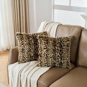 Cheetah Print Faux Fur Fluffy Pillowcases,Plush Soft Throw Pillow Covers, Fuzzy Decorative Leopard Print Pillow Cases, Furry Brown Leopard Cushion Covers for Couch Sofa-18x18 inch Set of 2