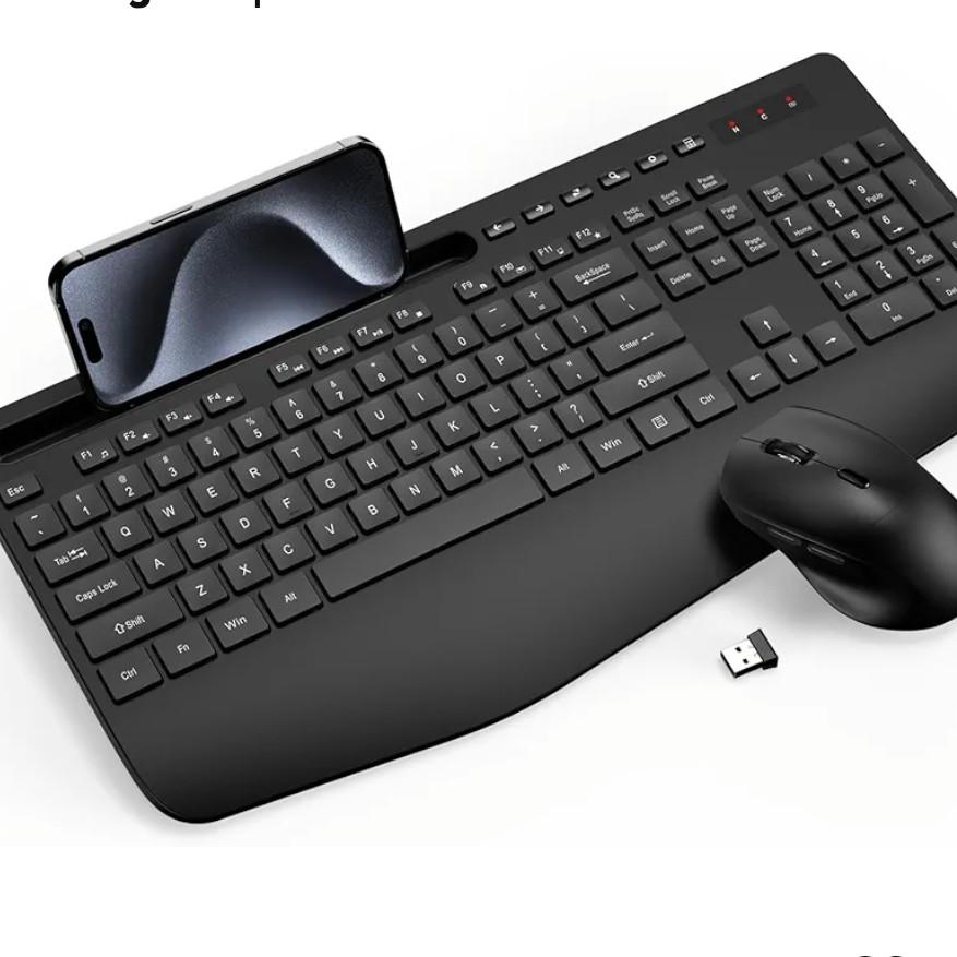 Wireless Keyboard and Mouse Combo - Full-Sized Ergonomic Keyboard with Wrist Rest, Phone Holder, Sleep Mode, Silent 2.4GHz Cordless Keyboard Mouse Combo for Computer, Laptop, PC, Mac, Windows -Trueque