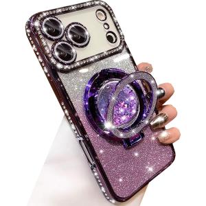 Changjia Glitter Kickstand Case for iPhone 17 Pro Max,Cute Bling Sparkly Diamond Rhinestone with Camera Lens Protector Liquid Flowing Ring Stand TPU Bumper Women Girl Case for iPhone 17 Pro Max,Purple