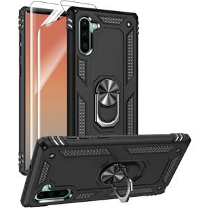 For Samsung Galaxy Note 10 Case, Note10 Case with HD Screen Protectors, Military-Grade Metal Ring Holder Kickstand 15ft Drop Tested Shockproof Cover Case for Samsung Note 10 (2019) Black