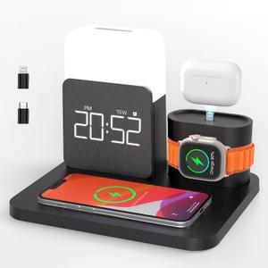 7 in 1 Charging Station for iPhone, Wireless Charging Station, Alarm Clock, Night Light, Wireless Charger for iPhone 16 15 14 13 12 Pro Max & Apple Watch - Charging Stand Dock for AirPods (25W, Black)