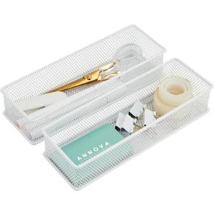 Annova Mesh Stackable Drawer Cabinet and Shelf Organizer Bins Storage Basket School Office Supply Holder Tray- Set of 2 (White, 3x9x2 Inch)