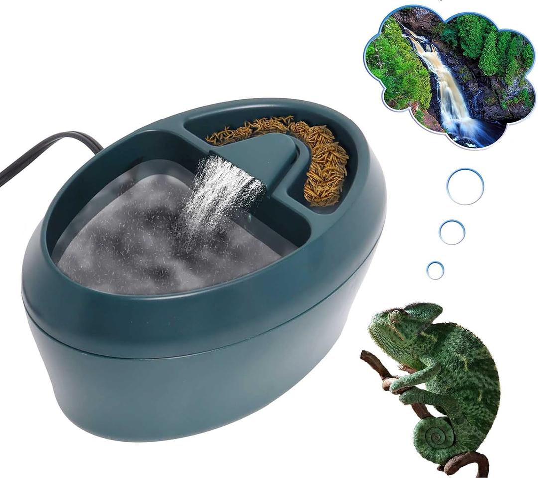 Reptile Waterfall Fountain & Feeder - Automatic Water Dispenser, Food Trough for Chameleon, Bearded Dragon, Turtle, Snake, Frog, Gecko