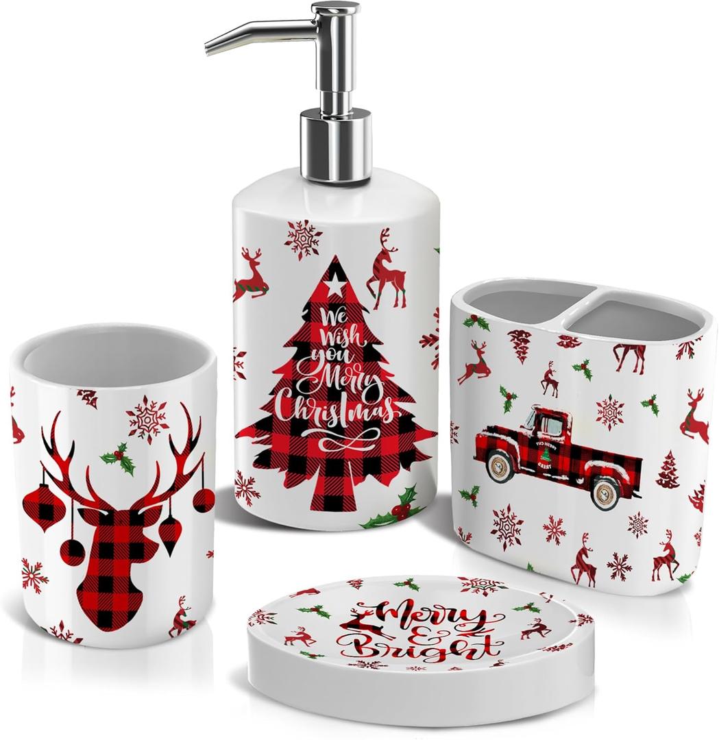 Christmas Bathroom Decor Sets of 4, Reindeer Christmas Toothbrush Holder Set, Xmas Ceramic Bathroom Accessories Set