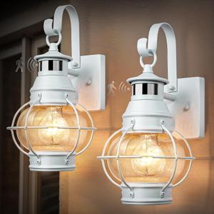 Lamomo 2-Pack White Motion Sensor Outdoor Light Modern Farmhouse Porch Fixture for Light Siding, Anti-Rust Aluminum Exterior Wall Lantern, Dusk to Dawn Sconce with Clear Glass (White)