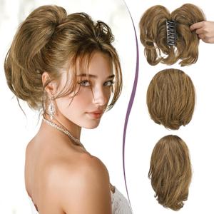 RUWISS Claw Clip Short Human Hair Ponytail Extension with Bendable Metals for DIY Styles Straight Messy Bun Hair Piece for Women Hairpieces for Daily Wear,9 Inch Light Brown Highlighted Dark Brown