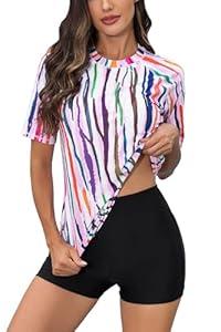 Halcurt Padded Rashguard UPF 50 Bathing Suit with Boyleg Shorts Short Sleeve 2XL