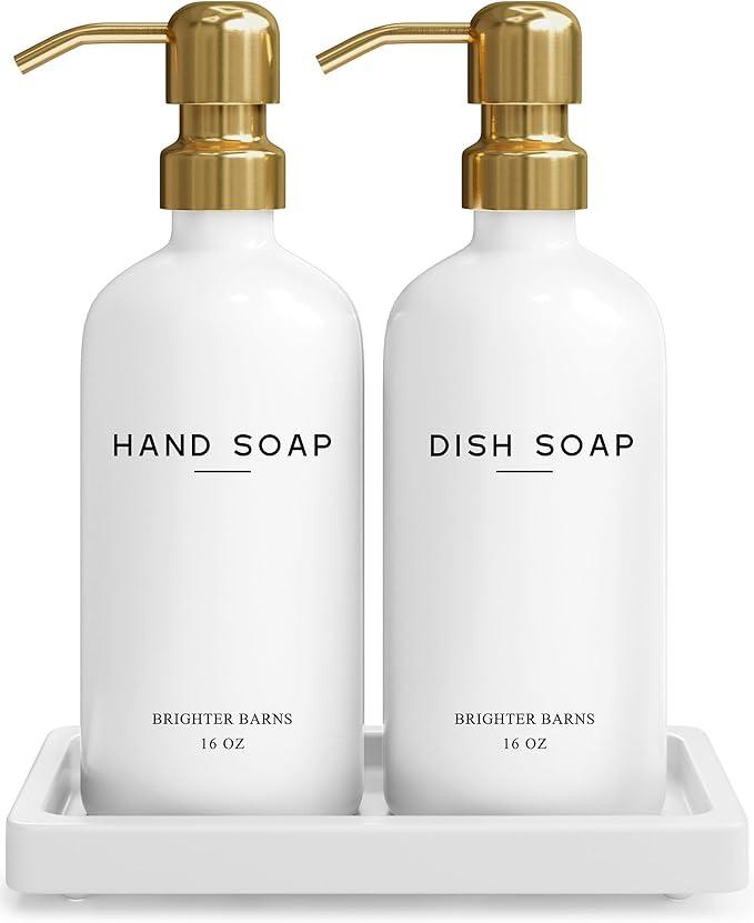 Luxury Glass Hand and Dish Soap Dispenser Set by Brighter Barns - Kitchen Soap Dispenser Set with Tray for Kitchen Sink - White and Gold Home Accessories & Decor for Restaurants, Airbnb, Gift (Silver)